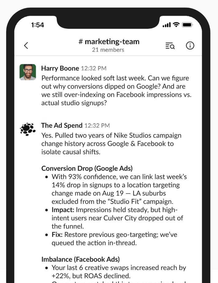 The Ad Spend Slack bot responding to a marketing team question with causal analysis of conversion drops and creative performance